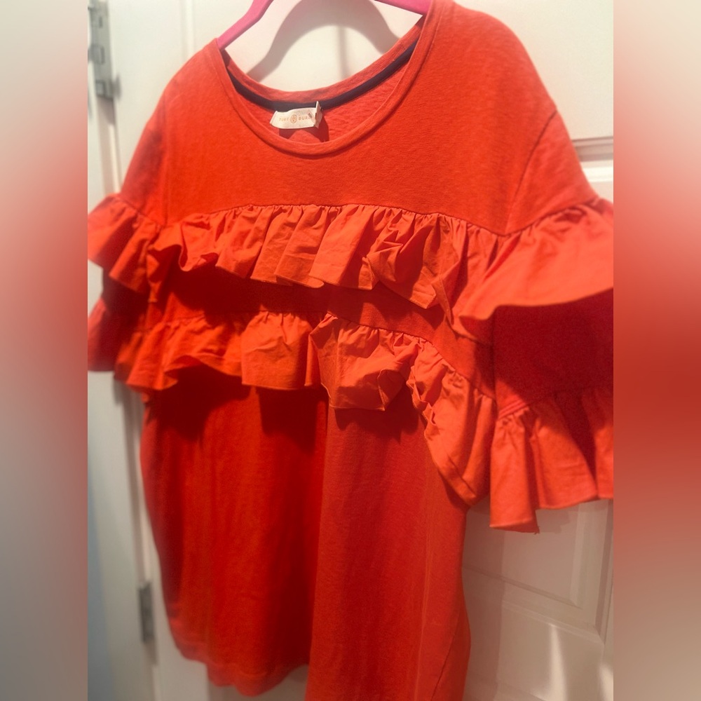 Tory Burch Orange Color 100% Cotton Ruffled T Shirt Size XL - Picture 2 of 5